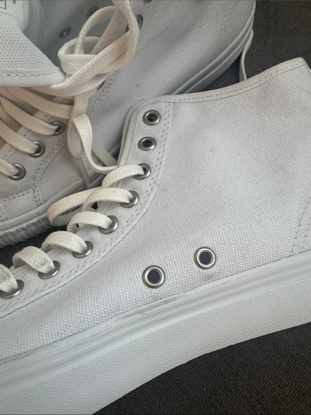 P.F. Flyers White High-Top Canvas Sneakers with Green Laces